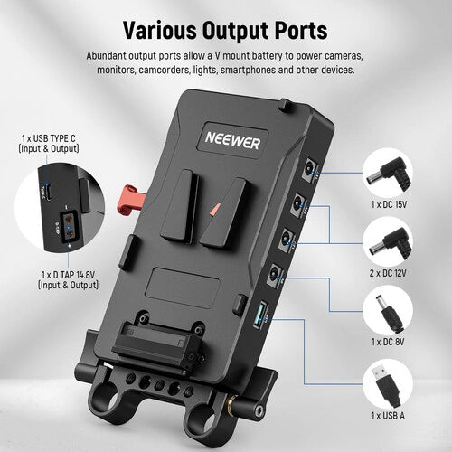 Neewer VB-A1 V-Mount Battery Plate Adapter with Dual 15mm Rod Clamps