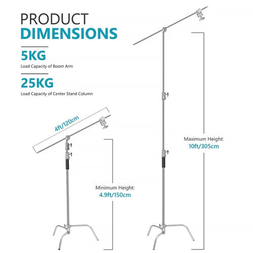 Neewer Stainless Steel C-Stand with Boom Arm & Carry Bag (10')