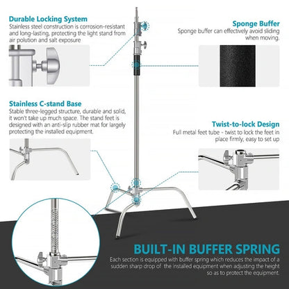 Neewer Stainless Steel C-Stand with Boom Arm & Carry Bag (10')