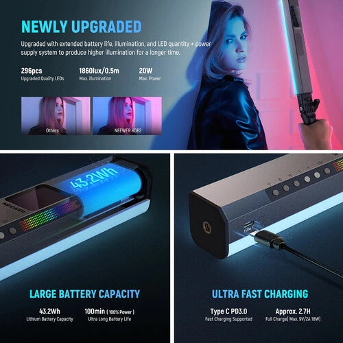 Neewer RGB2 LED Light Wand with Metal Barndoors (1.3')