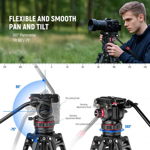 Neewer LL37 Carbon Fiber One-Step Locking Tripod with Fluid Head