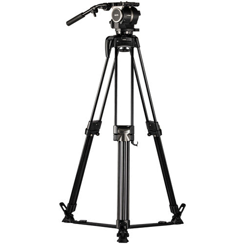 A black tripod camera head with a horizontal pan handle, shown against a plain white background.