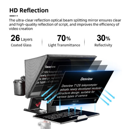 Desview T12S 12.9" Portable Teleprompter for Smartphone/Tablets with Remote Control