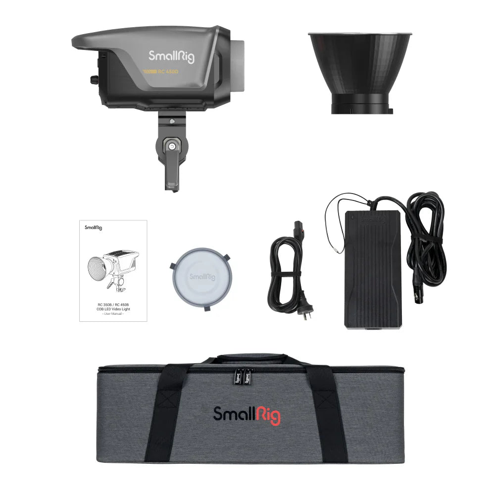 SmallRig RC450D COB LED video light with power adapter and accessories